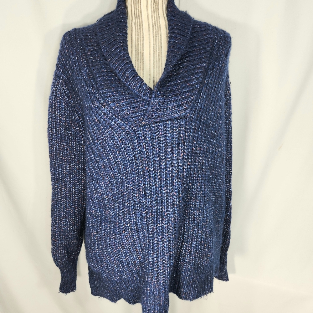 St. John's Bay Navy & Multi Specks Long Sleeve Shawl Collar Sweater Size Large.